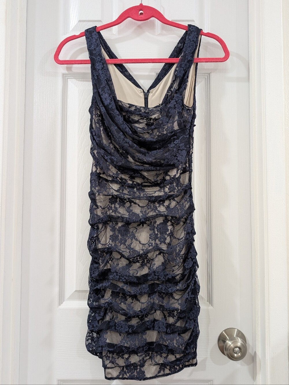 Express Navy Lace Cowl Neck Ruched Bodycon Mini Dress 0